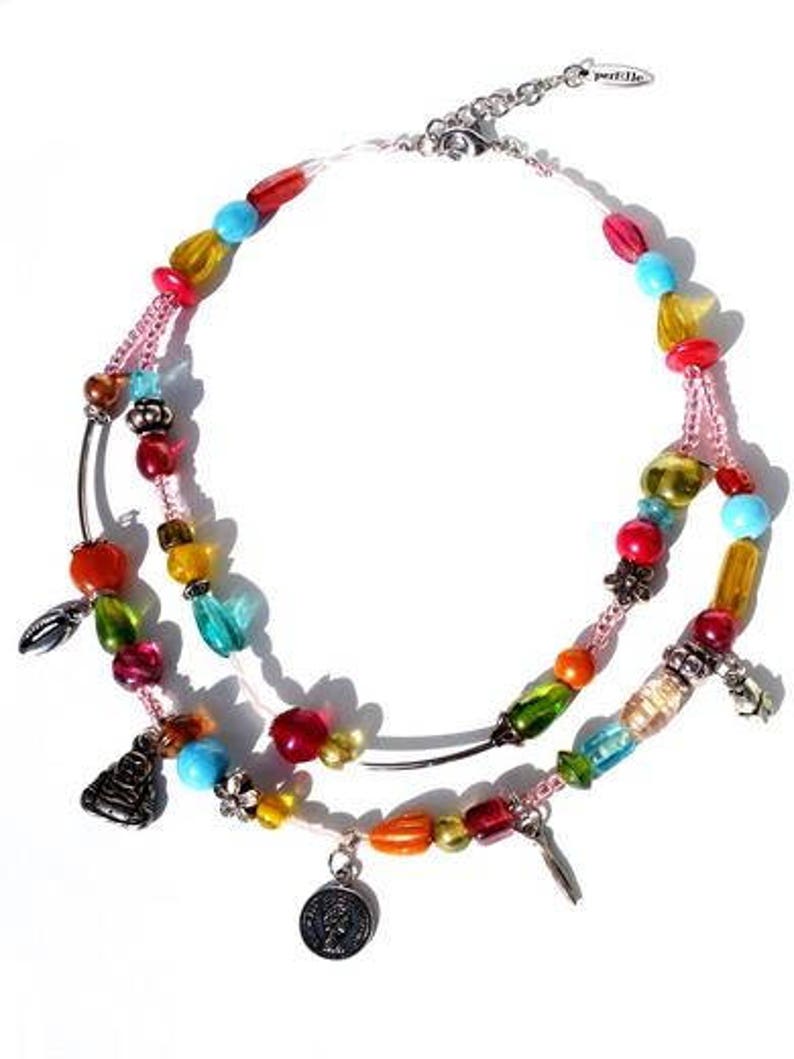 Multicolour short necklace, 2 strands glass beads and charms. Handcrafted beaded collar, red, yellow, orange, blue, green, pink, turquoise image 8