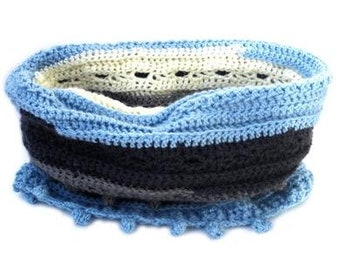 Crocheted tube shawl in grey, light blue, cream. Handmade wool circle scarf, handcrocheted neckwarmer, loop scarf, tunnel shawl, edge balls