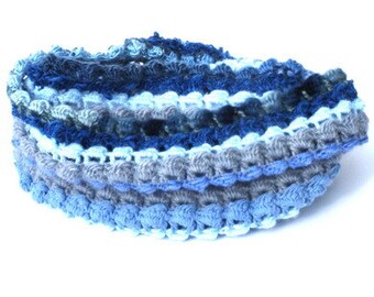 Blue hand crocheted tube shawl, double wrap neck warmer. Handcrafted scarf, crocheted shawl, handmade tube shawl, blue infinity cowl, grey