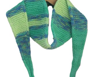 Hand knitted Sophie scarf from green mixed yarn, cotton and polyester. Knitted neckerchief,  ribbed shawl, skinny scarf, knitted neck scarf