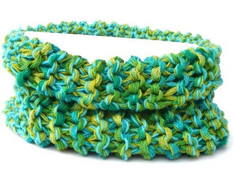 Knitted tube shawl in the colours turquoise and lime green. Handmade wool scarf, handknit chunky scarf, knitted loop scarf, infinity shawl.