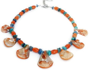 Aquamarine orange beaded necklace, mother-of-pearl, coachella jewelry. Handcrafted collar, glass beads, nacré beads, shell beads, Per Elle