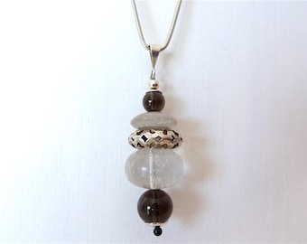 Silver necklace with smoky quartz and rock crystal pendant, sterling silver necklace with pendant, rock crystal pendant, silver jewelry
