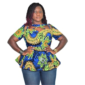 Sexy Peplum Top-African Clothing-African Print Top-Ankara Top-Women&#39;s Clothing-Blue Top-African Fabric-Ankara Blouse-Peplum Top