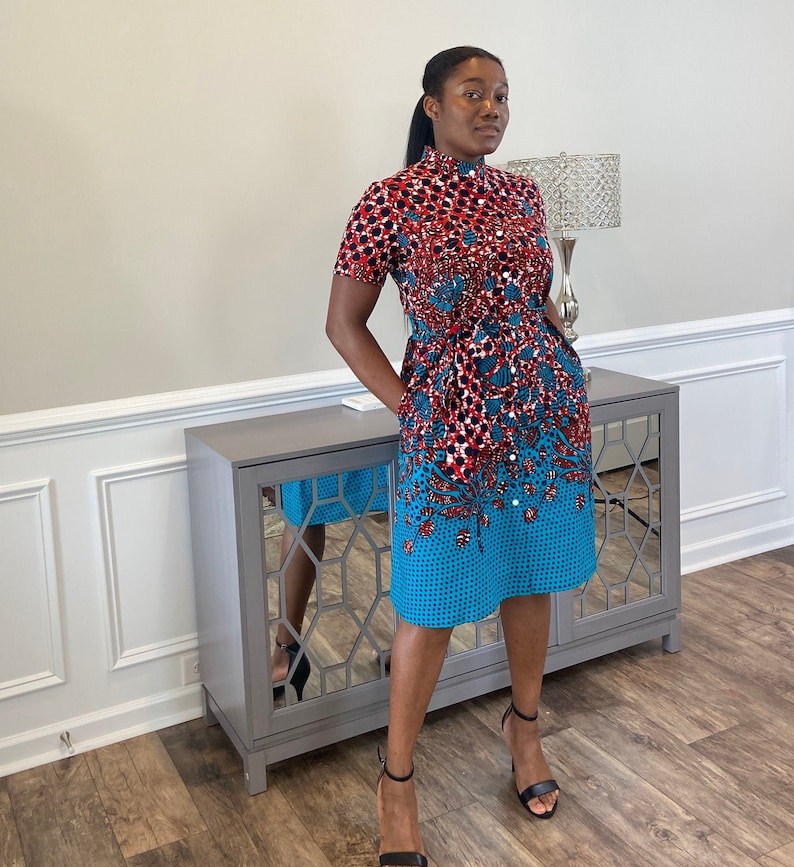 African Print Dress W/ Collar, Ankara Dress, Ankara Short Dress, Button Down Dress, Dress With Belt, Classy Dress, Knee Length Dress image 1