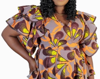 African Clothing-African Print Top W/ Butterfly Sleeves-Ankara Top-Women's Clothing-Blue Top-African Fabric-Ankara Blouse-Peplum Top