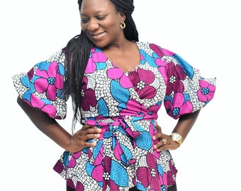 African Clothing-African Print Wrap Top-Ankara Top-Women's Clothing-African Fabric-Ankara Blouse-Peplum Top