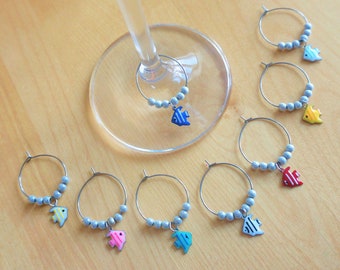 Set of 8 decorative wine glass identifiers, fish charm. Glass markers, metal ring, accessory for wine. Glass charms for party