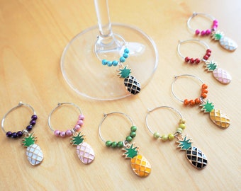 Set of 8 decorative wine glass identifiers, pineapple charm. Glass markers, metal ring, accessory for wine. Glass charms for party