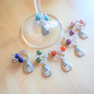 Set of 6 decorative wine glass identifiers cake, cupcake. Soft aluminum rod. Glass markers, accessory for wine. Cupcake charm, pendant. image 1