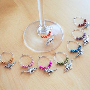 Set of 8 decorative wine glass identifiers, dinosaur charm tyrannosaurus, brachiosaurus. Glass markers, metal ring, wine accessory, t-rex image 1