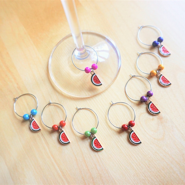 Set of 8 decorative wine glass identifiers, watermelon charm. Glass markers, metal ring, accessory for wine. Watermelon pendant, glass charm