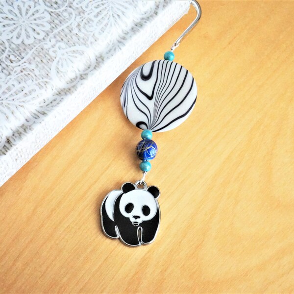 Decorative metal bookmark, silver color. Panda charm, pendant. Handmade book mark, teacher gift, educator, babysitter. Book accessory