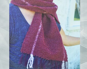 Handwoven scarf on a traditional loom. Purple and burgundy color. Made of wool and acrylic, soft and warm.