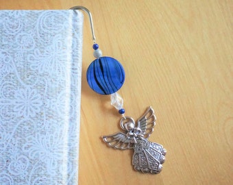 Decorative metal bookmark, silver color. Angel metal charm. White and blue beads. Handmade book mark, teacher gift, educator, babysitter