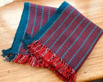 Woven dishcloths, Pack of 2.  Reusable Towels, Natural Fibers - 100% cotton, Eco-friendly. Blue and red  linen. Handmade on traditional loom