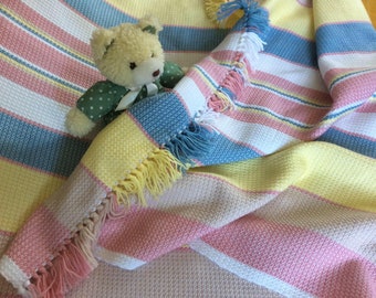 Handwoven baby blanket - craft weaving. Pink, yellow, blue, beige and white color. Shower gift, baptism, birth, newborn. Soft bedspread