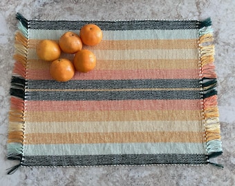 Set of 6 handwoven rectangular placemats, yellow and  green . Weaving with fringes and stripes. Set of table for lunch, home decoration