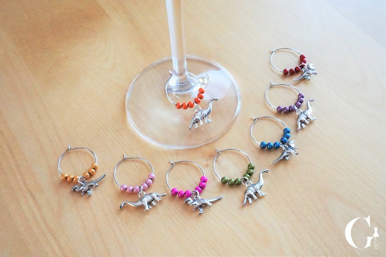 Set of 8 decorative wine glass identifiers, dinosaur charm tyrannosaurus, brachiosaurus. Glass markers, metal ring, wine accessory, t-rex image 1