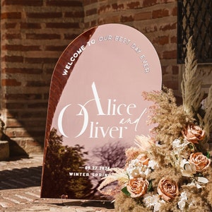 Letrero de boda con espejo arqueado en oro rosa - Letrero de bienvenida - Letrero de boda acrílico moderno - Bienvenidos a la boda - Decoraciones de boda de lujo