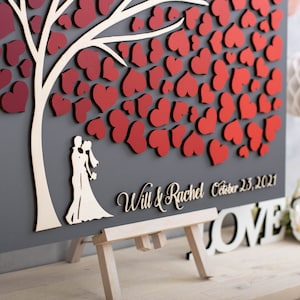 Libro degli ospiti per matrimonio in 3D albero alternativo Libro degli ospiti personalizzato cuori Borgogna Autunno Matrimonio rustico Libro degli ospiti Albero della vita Sposa e Sposo