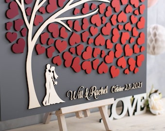 Custom Wedding Guest Book Alternative Tree, Burgundy Hearts, Rustic Fall Wedding Guestbook