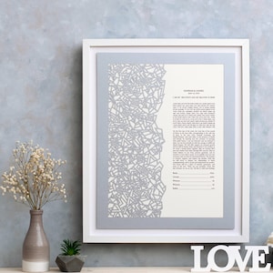 Benutzerdefinierte handgemachte Ketubah, moderne Papierschnitt Ketubah, silberne Ketubah, Heiratsurkunde, minimalistische Ketubah, Hochzeitsgelübde, metallische Ketubah