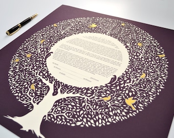 Custom Handmade Tree Ketubah, Interfaith Ketubah, Ketubah PaperCut, Ketubot Modern, Tree with golden birds, Wedding Vow, Minimalist Ketubah