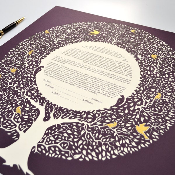 Custom Handmade Tree Ketubah, Interfaith Ketubah, Ketubah PaperCut, Ketubot Modern, Tree with golden birds, Wedding Vow, Minimalist Ketubah