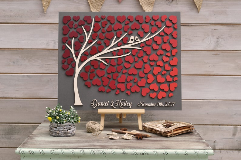 3D Wedding guest book alternative tree wood Custom unique guestbook hearts Burgundy Autumn wedding Rustic guestbook wooden Tree of life Gift 