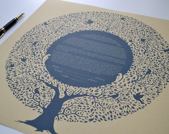 May include: A square document on tan paper featuring a circular blue tree illustration with birds nestled in the branches. The center of the tree contains printed text in English and Hebrew. A black and gold fountain pen rests in the upper left corner.