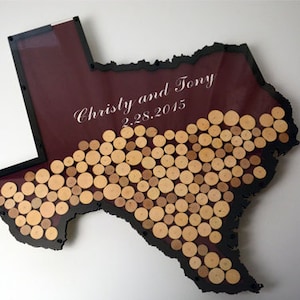 Libro de visitas para bodas con forma de caja 3D con mapa alternativo del estado de Texas: 80 rodajas de madera: deseos para los novios