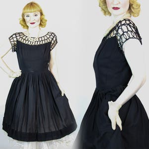 RARE Vintage 1950s Dress, Black Rockabilly Skirt Lacework Woven Rope Bodice Detail New Look Size S M image 2