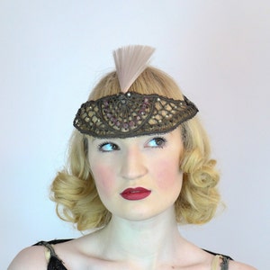 RARE Vintage Antique French Edwardian 1916-1920 Woven Beaded Headband Hairdress with Spun Celluloid Plume Ballets Russes