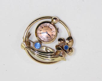 RARE Vintage Gotham Mid Century Modern Nurse Watch Pin Brooch 12k Gold Filled on Silver Blue Faceted Glass Gems 15 jewels