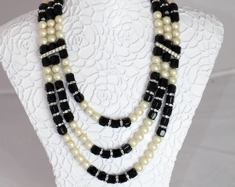 Vintage Mid Century 1950s 60s Pearl Rhinestone and Onyx 3 strand Necklace