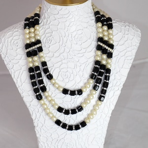 Vintage Mid Century 1950s 60s Pearl Rhinestone and Onyx 3 strand Necklace