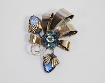 Vintage 1950s Pin Brooch Mid Century Modern Sterling Silver Elaborate Metalwork with Azure Blue Rhinestones