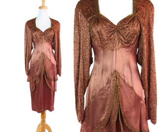 RARE Vintage 1940s Beaded Evening Dress Bronze Copper Gold Peplum, Full Length Bat Sleeve Size S