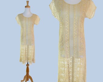 Vintage 1920s Dress Beige Flower Lace Filet Crochet Raised Embroidery XS Wearable  Condition
