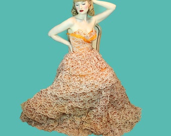 Vintage 1950's Princess Cupcake Dress Orange Multi Layer Ballgown Burlesque Chiffon & Lace Tiered  Skirt Size XS