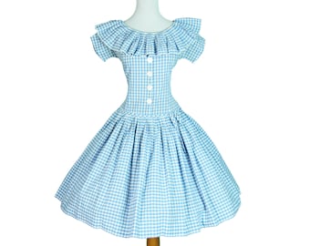 CUTE 1950s Vintage Summer Dress Checkered Baby Blue Cotton Gingham Ruffle Neckline Circle Skirt  Size S