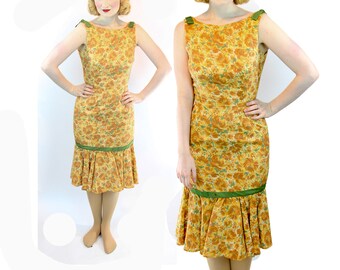 1950s Summer Dress Vintage Flower Print Cotton in Yellow & Orange Wiggle Dress with Green Trim Jay Original Size S XS