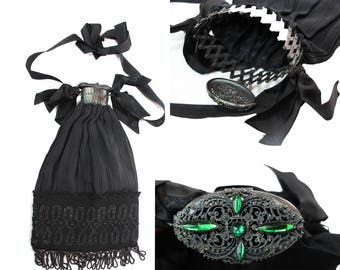 Victorian Reticule Black Accordion Filigree Opening Beaded Handbag with Fringe and Green Paste Jewels Crochet