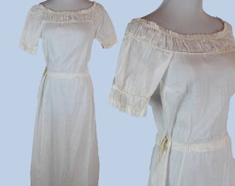 Vintage 1930s Maxi Cotton Lawn Day Dress with Gathered Neckline and Cinched Waist, Size XS Wearable Great Condition Grecian Goddess