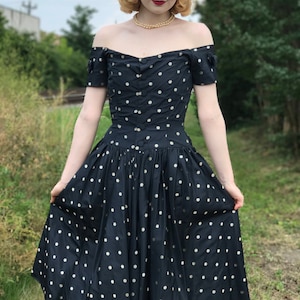 Vintage 1950s Dress Polka Dot Silk Off The Shoulder Boned Bodice Gathered Front Wiggle Back, S XS
