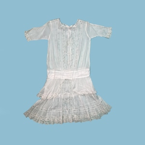 Vintage 1920s Dress Embroidered White Cotton with Valenciennes lace Size XS Junior image 1