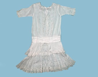 Vintage 1920s Dress Embroidered White Cotton with Valenciennes lace Size XS Junior