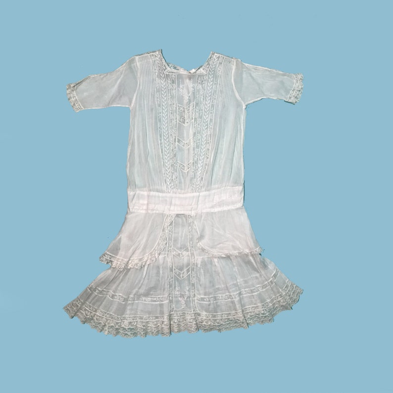 Vintage 1920s Dress Embroidered White Cotton with Valenciennes lace Size XS Junior image 1