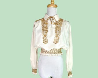Camicetta vintage anni '70 ungherese ricamata boho festival top corto arricciato bianco taglia S